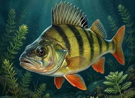 School of European perch (Perca fluviatilis) hunting among aquatic vegetation