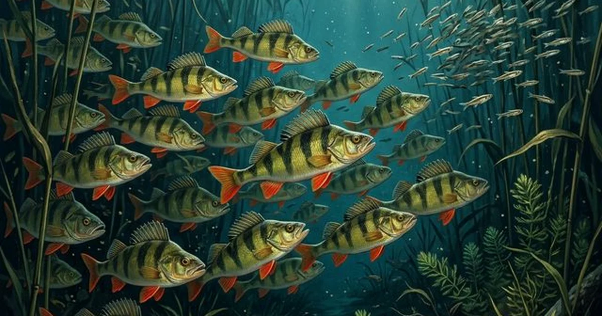School of European perch (Perca fluviatilis) hunting among aquatic vegetation