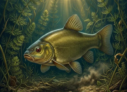 Tench (Tinca tinca) on a muddy bottom covered with aquatic plants