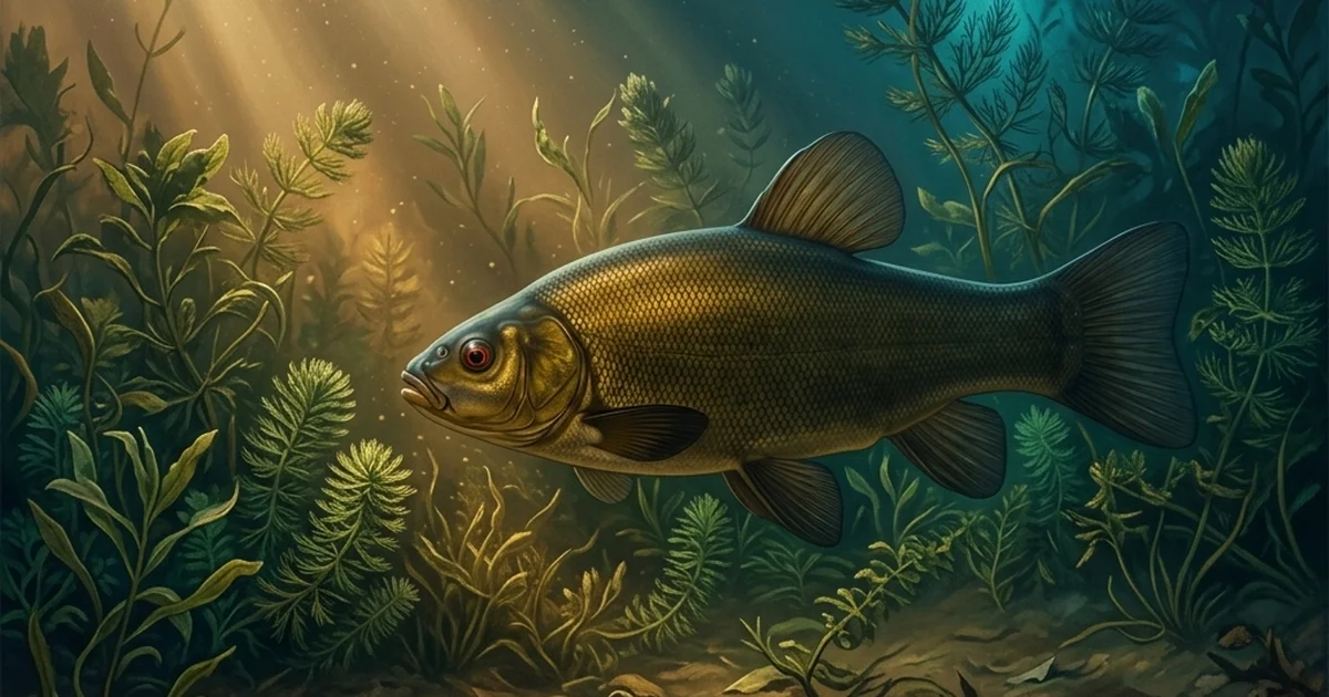 Linjak (Tinca tinca) u muljevitom dnu obraslom biljkama