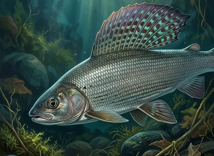 European grayling (Thymallus thymallus) in a clear mountain river above a gravel bed