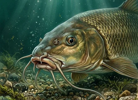Barbel (Barbus barbus) on gravel bottom of a fast-flowing river