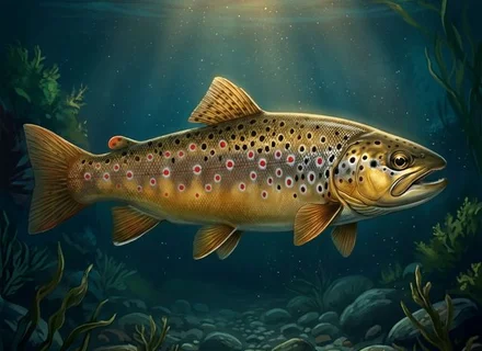Brown trout (Salmo trutta fario) swimming upstream through a gravelly stream