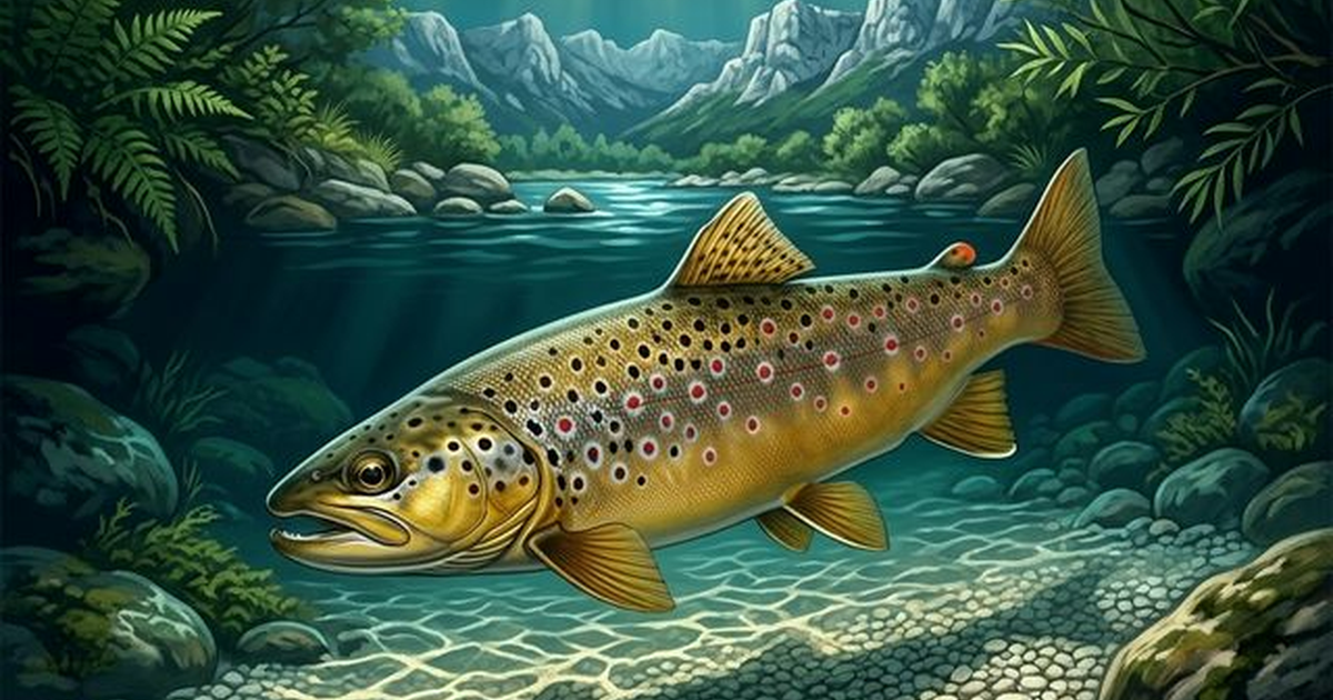 Brown trout (Salmo trutta fario) swimming upstream through a gravelly stream