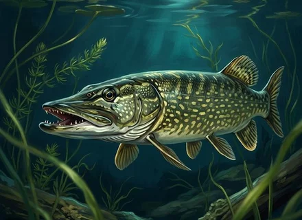 Štuka (Esox lucius) u zasjedi među vodenom vegetacijom