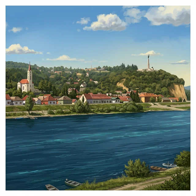 Illustrated view of the Danube near Batina for station Danube - Batina