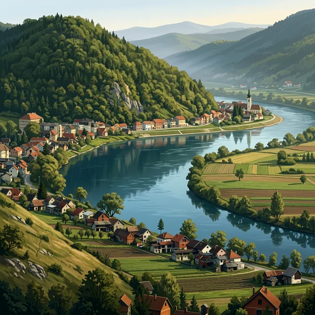 Ilustrirani prikaz rijeke Una kod lokacije Hrvatska Kostajnica za postaju Una - Hrvatska Kostajnica